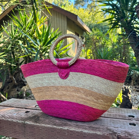 Pink and Tan Woven Tote Bag - Picture 2 of 6